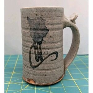 Pottery Coffee Cup Mug Signed Shades of Grey 6" Height Thumb Stand on Handle
